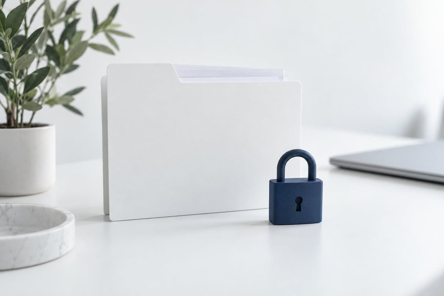 Dossier blanc et cadenas bleu nuit sur un bureau